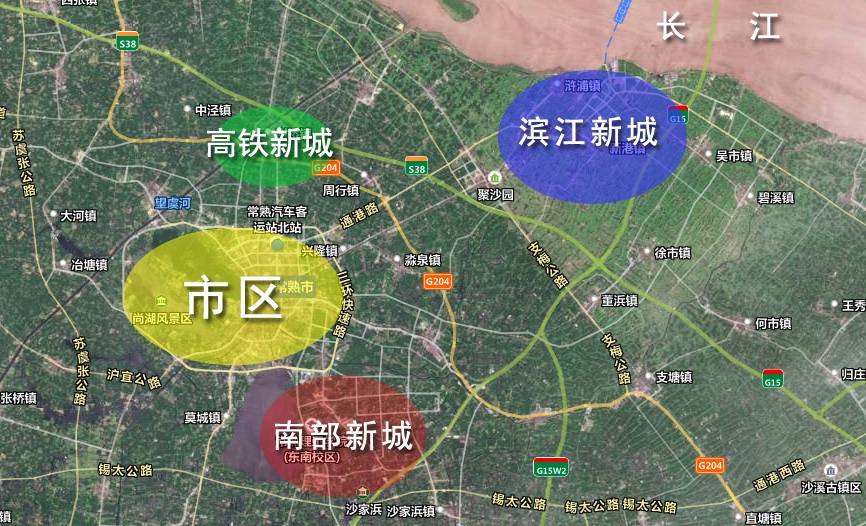 发展日益上轨道的有:南部新城以及滨江新城,未来的高铁新城搭配上常熟